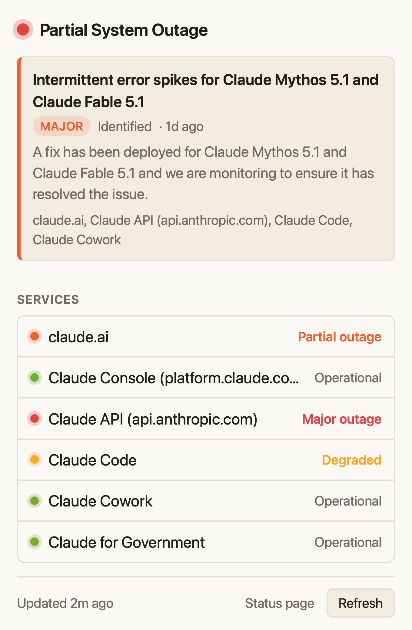 The Pulseous popup: an open incident and the status of every Claude service